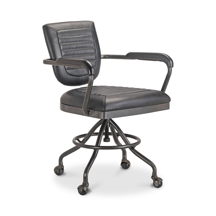 Black Top Grain Leather Swivel Desk Chair with Metal Base