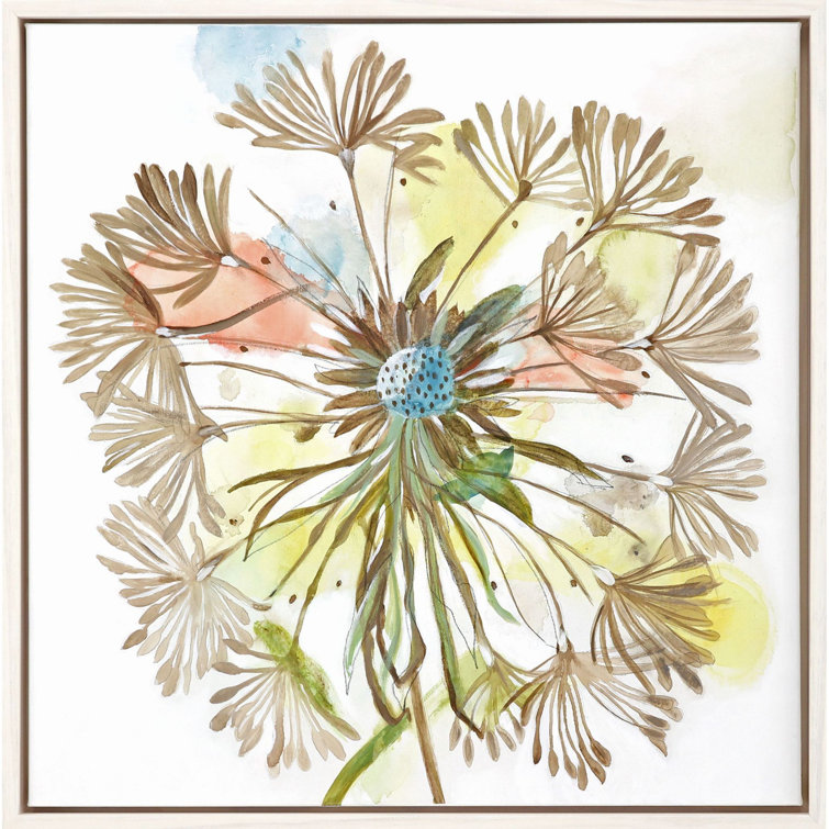 Dandelion Bloom Watercolor Print on Canvas with Whitewash Wood Frame