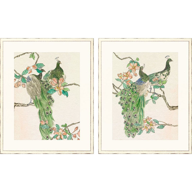 Emerald Peacock II Framed Wall Art Set in Ivory Wood