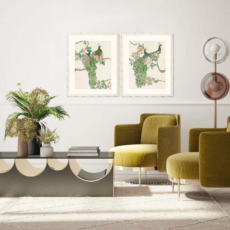 Emerald Peacock II Framed Wall Art Set in Ivory Wood