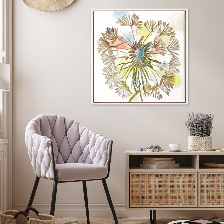 Dandelion Bloom Watercolor Print on Canvas with Whitewash Wood Frame