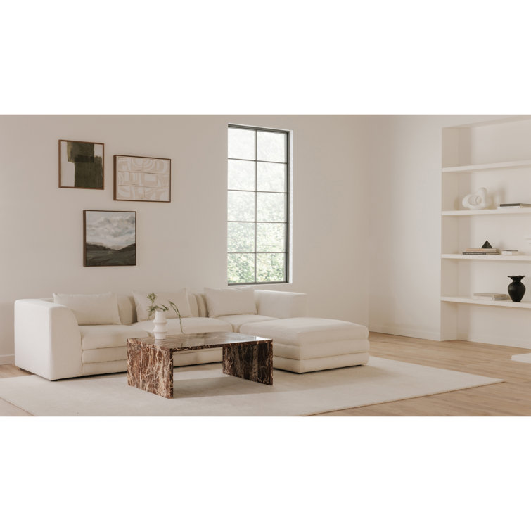Ivory Polyester Upholstered Cube Ottoman with Solid Wood Frame