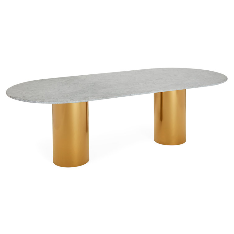 Oval White Marble Top Dining Table with Gold Pedestal Base