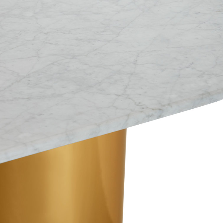 Oval White Marble Top Dining Table with Gold Pedestal Base