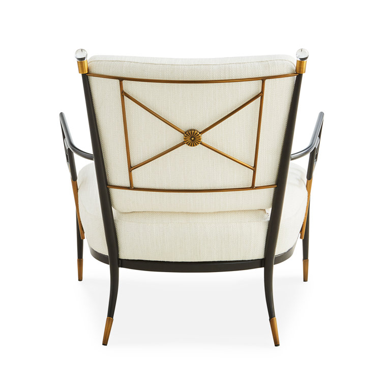 White Linen Upholstered Armchair with Blackened Metal Frame