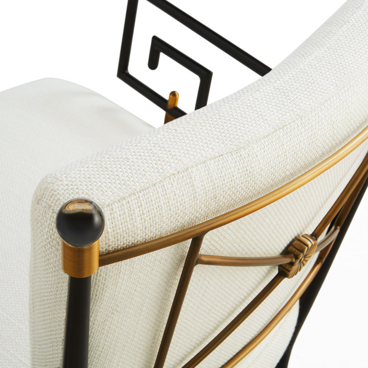 White Linen Upholstered Armchair with Blackened Metal Frame