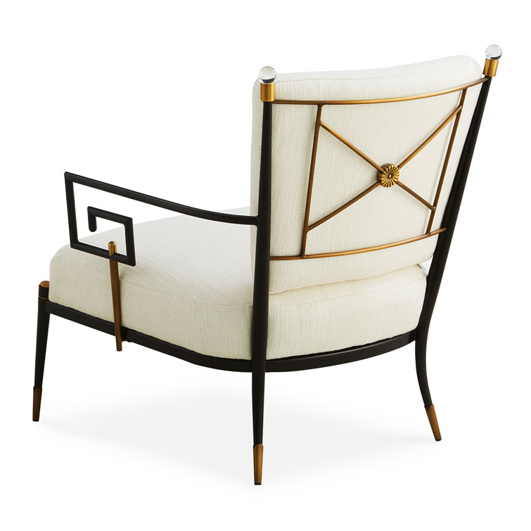 White Linen Upholstered Armchair with Blackened Metal Frame