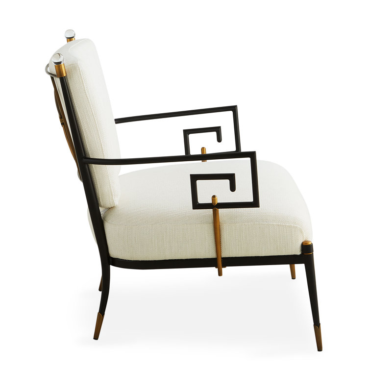 White Linen Upholstered Armchair with Blackened Metal Frame