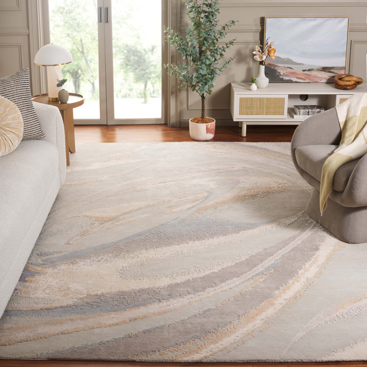 Gray Abstract Hand-Knotted Wool and Silk Rug 6' x 9'