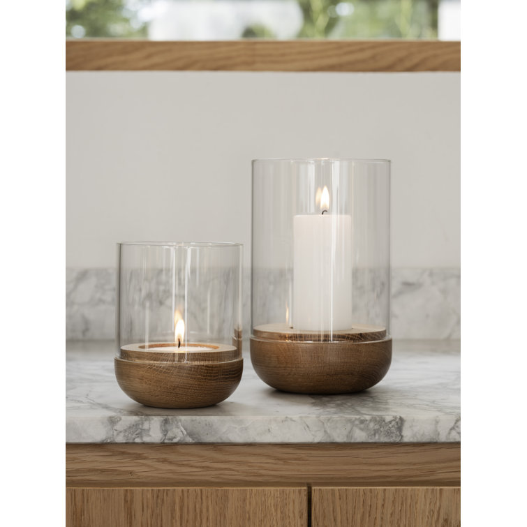 Lanto Oak and Glass Hurricane Candle Holder