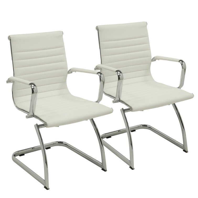 Modern White Leather Guest Chair with Polished Metal Frame
