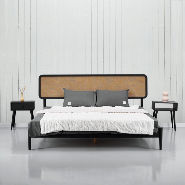 King Burnt Black Oak Wood Bed Frame with Headboard and Slats