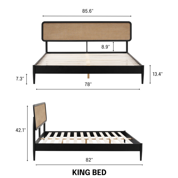 King Burnt Black Oak Wood Bed Frame with Headboard and Slats