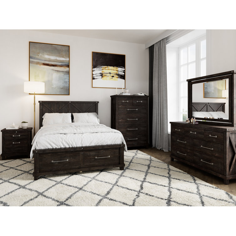 Queen Rustic Black Pine Upholstered Storage Bed with Nailhead Trim