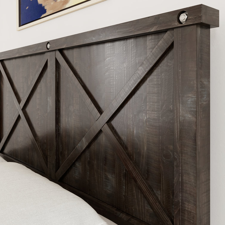 Queen Rustic Black Pine Upholstered Storage Bed with Nailhead Trim