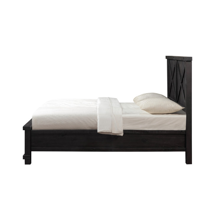 Queen Rustic Black Pine Upholstered Storage Bed with Nailhead Trim