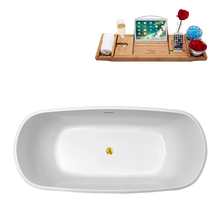 59'' White Acrylic Freestanding Clawfoot Bathtub with Gold Drain