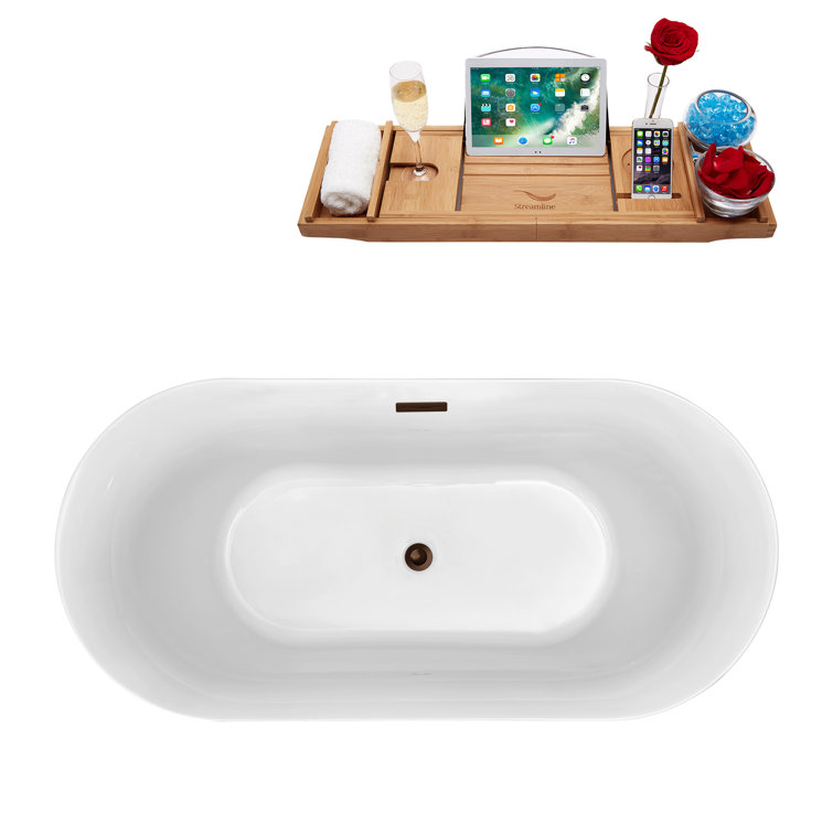 59'' Black and White Acrylic Freestanding Soaking Bathtub with Tray
