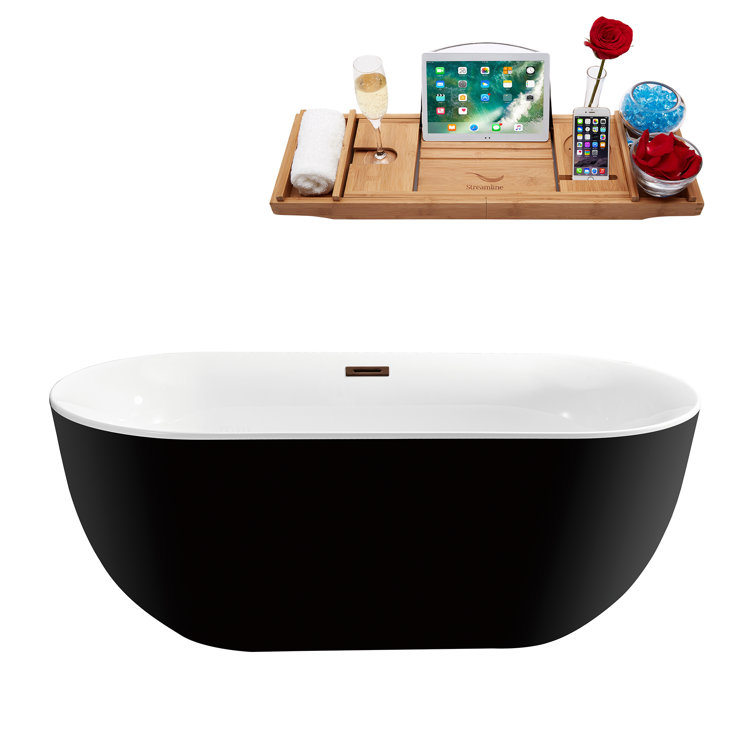 59'' Black and White Acrylic Freestanding Soaking Bathtub with Tray