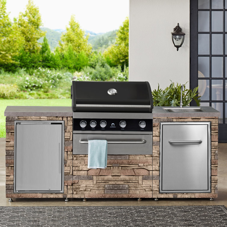 Desert Sunrise 86.7" Brown Propane Grill Island with Sink and Fridge