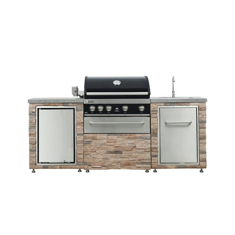 Desert Sunrise 86.7" Brown Propane Grill Island with Sink and Fridge