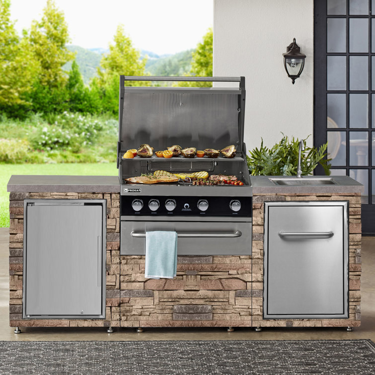 Desert Sunrise 86.7" Brown Propane Grill Island with Sink and Fridge