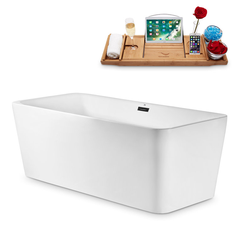Glossy White Acrylic Freestanding Bathtub with Brushed Nickel Drain