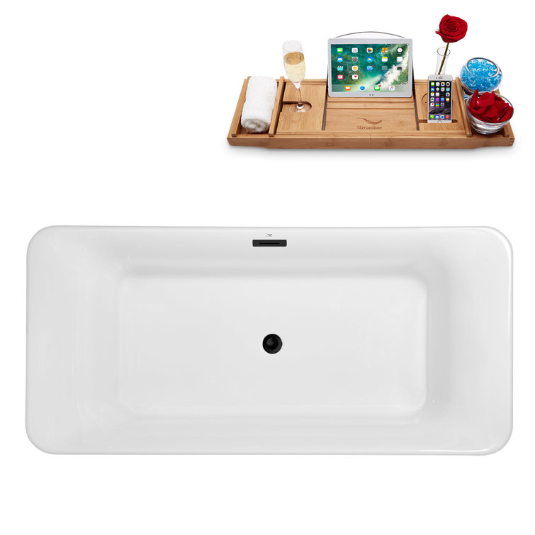 Glossy White Acrylic Freestanding Bathtub with Brushed Nickel Drain
