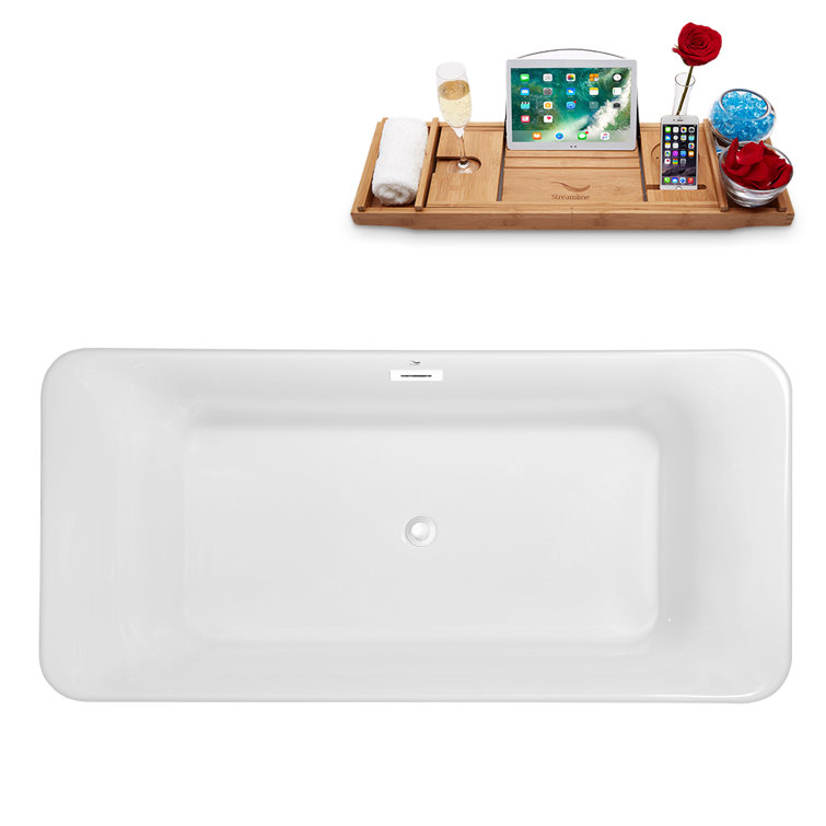67'' Glossy White Acrylic Freestanding Soaking Tub with Matte Black Trim