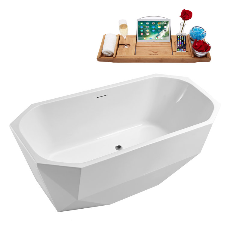 63'' White Acrylic Freestanding Bathtub with Polished Chrome Drain