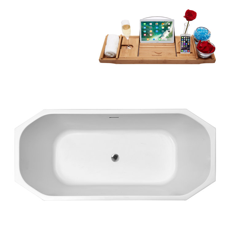 63'' White Acrylic Freestanding Bathtub with Polished Chrome Drain