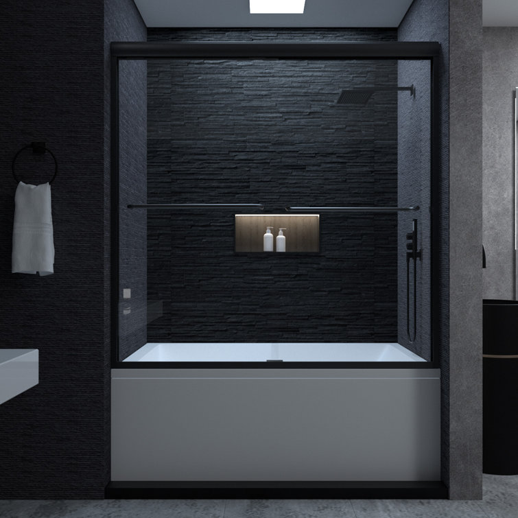 60'' Matte Black Semi-Frameless Sliding Tub Door with Clear Glass