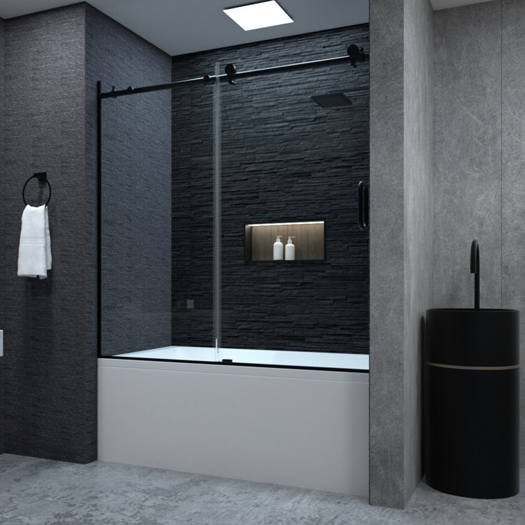 Matte Black Semi-Frameless Sliding Tub Door with Clear Tempered Glass