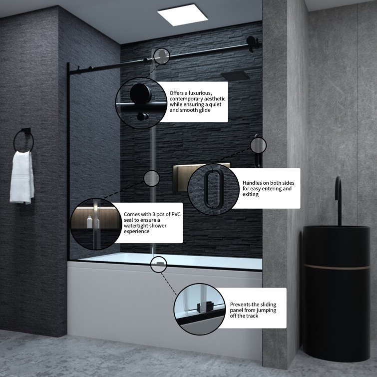Matte Black Semi-Frameless Sliding Tub Door with Clear Tempered Glass