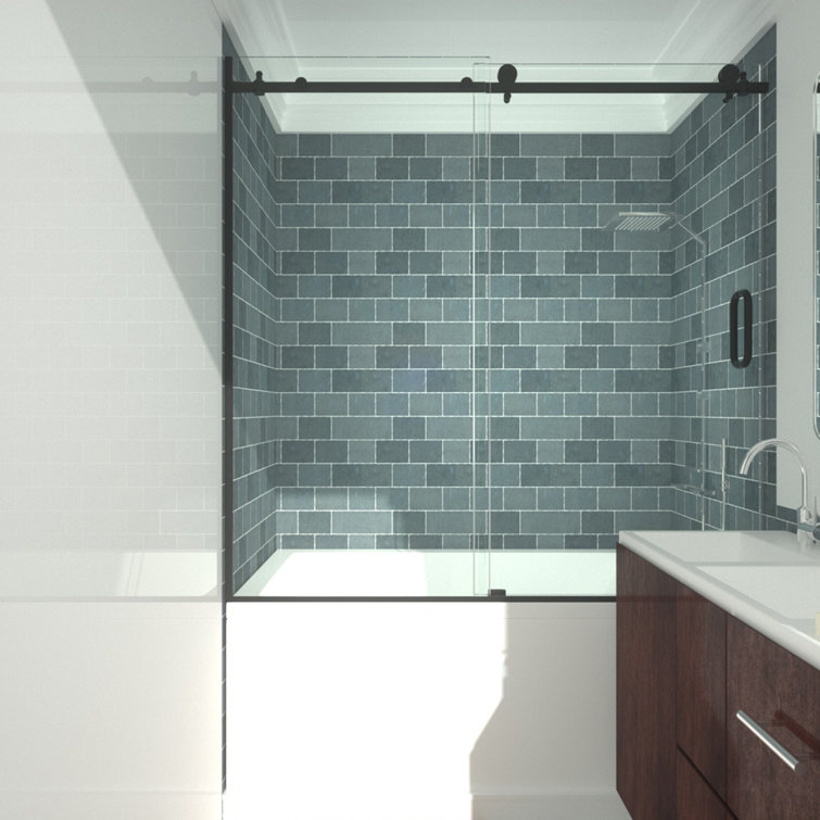 Matte Black Semi-Frameless Sliding Tub Door with Clear Tempered Glass