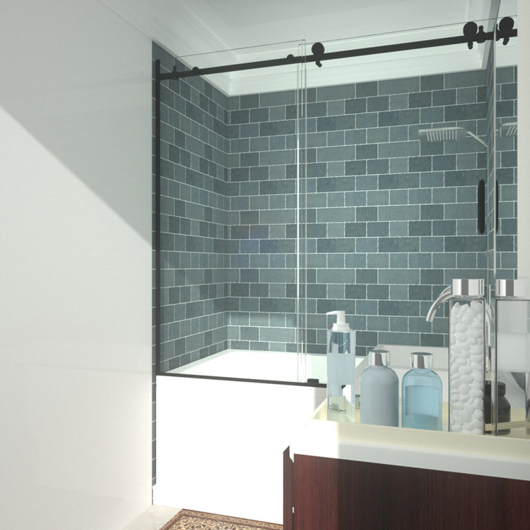 Matte Black Semi-Frameless Sliding Tub Door with Clear Tempered Glass