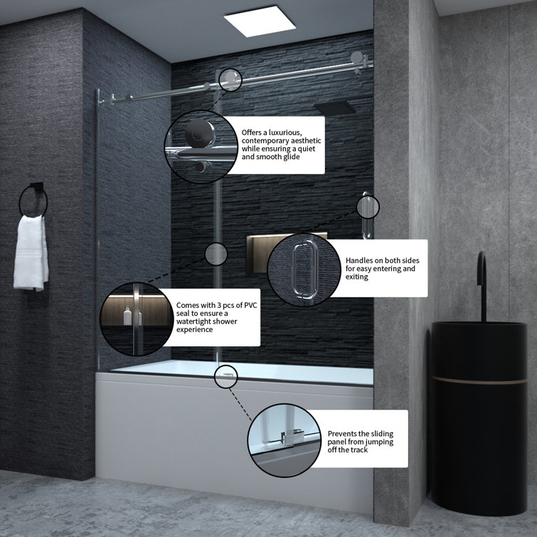 60'' Chrome Semi Frameless Sliding Tub Door with Clear Glass