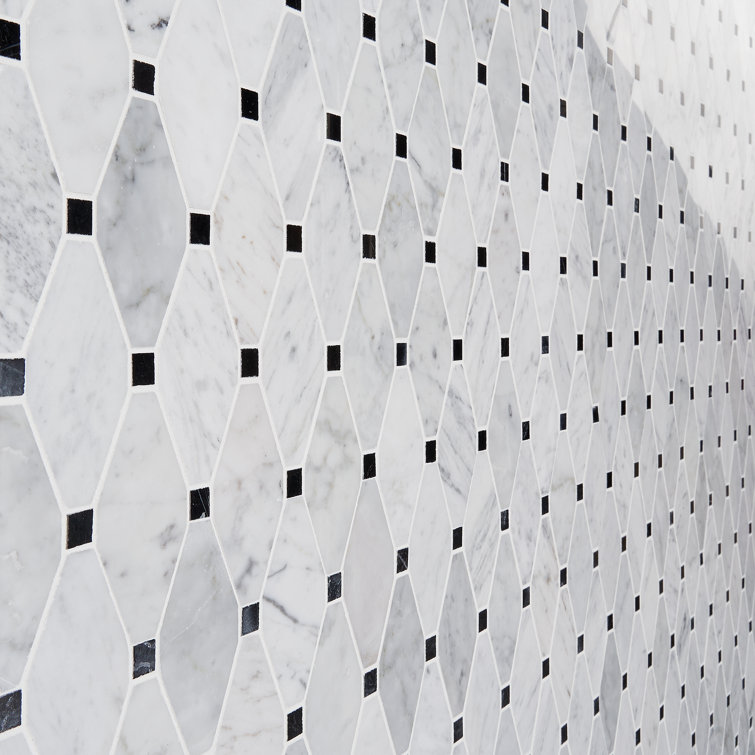 White Carrera Marble Octagon and Dot Mosaic Tile