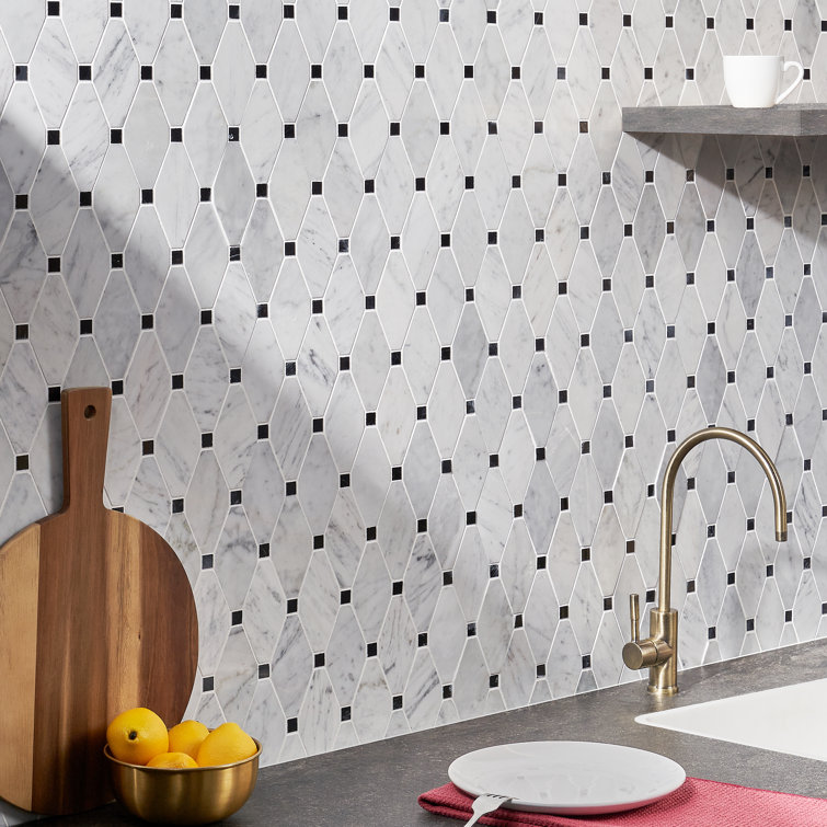 White Carrera Marble Octagon and Dot Mosaic Tile