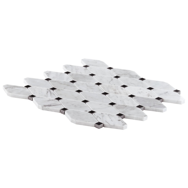 White Carrera Marble Octagon and Dot Mosaic Tile