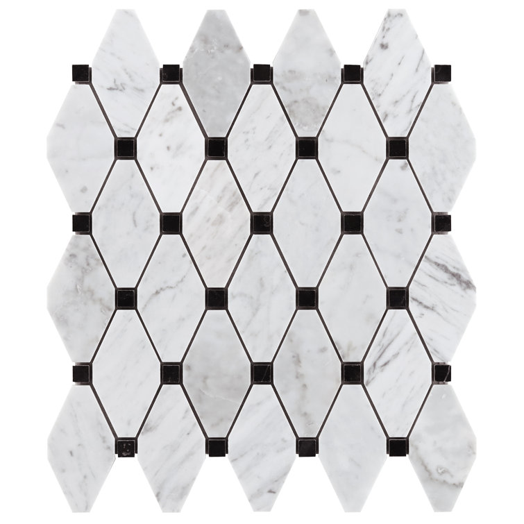 White Carrera Marble Octagon and Dot Mosaic Tile
