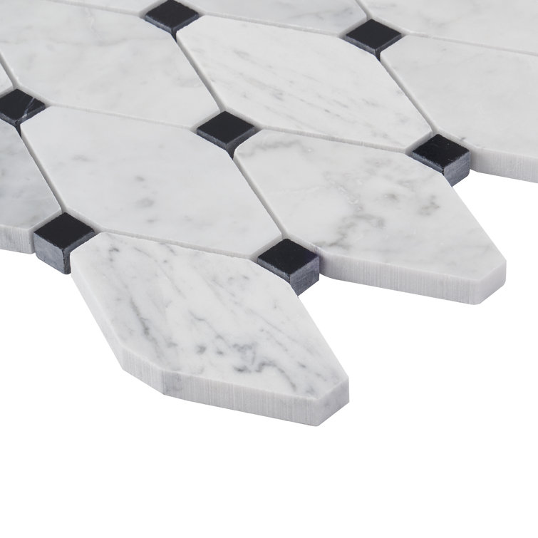 White Carrera Marble Octagon and Dot Mosaic Tile