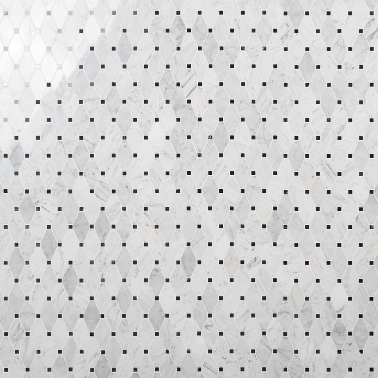 White Carrera Marble Octagon and Dot Mosaic Tile
