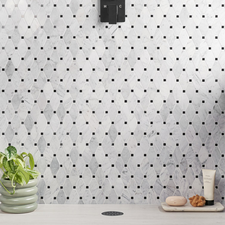 White Carrera Marble Octagon and Dot Mosaic Tile