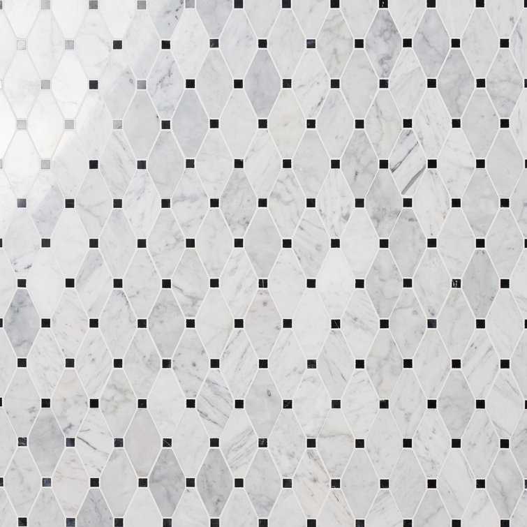 White Carrera Marble Octagon and Dot Mosaic Tile
