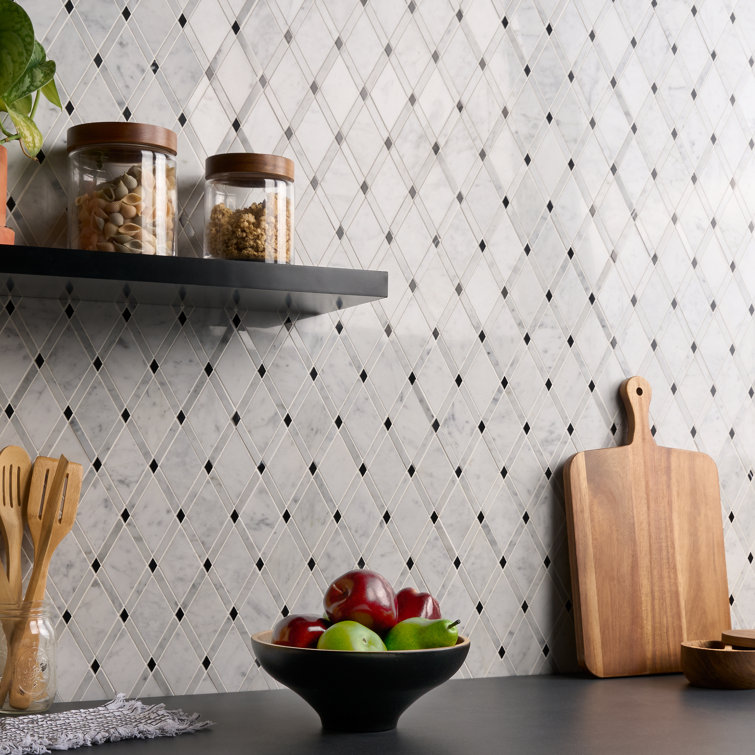Grand Polished Marble Diamond Mosaic Tile Sheet in Pavo Gray