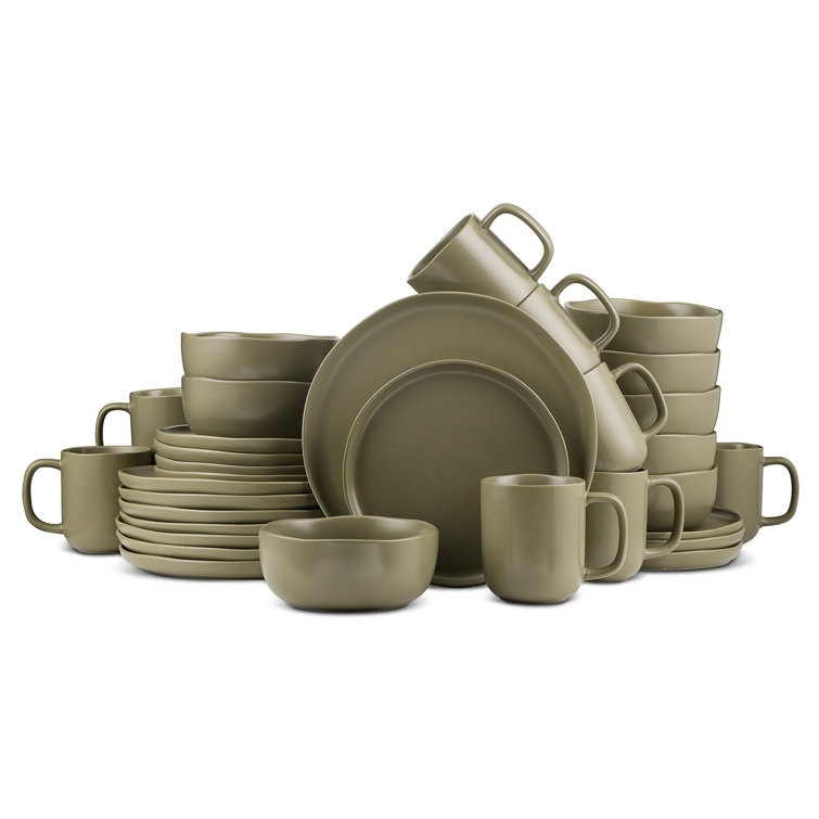 Olive Green Ceramic 32-Piece Dinnerware Set with Variegated Glaze
