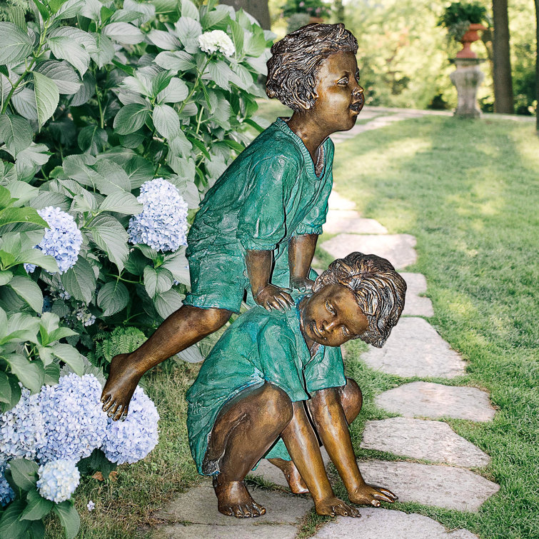 Bronze Leap Froggin Boys Garden Statue, 36" Height