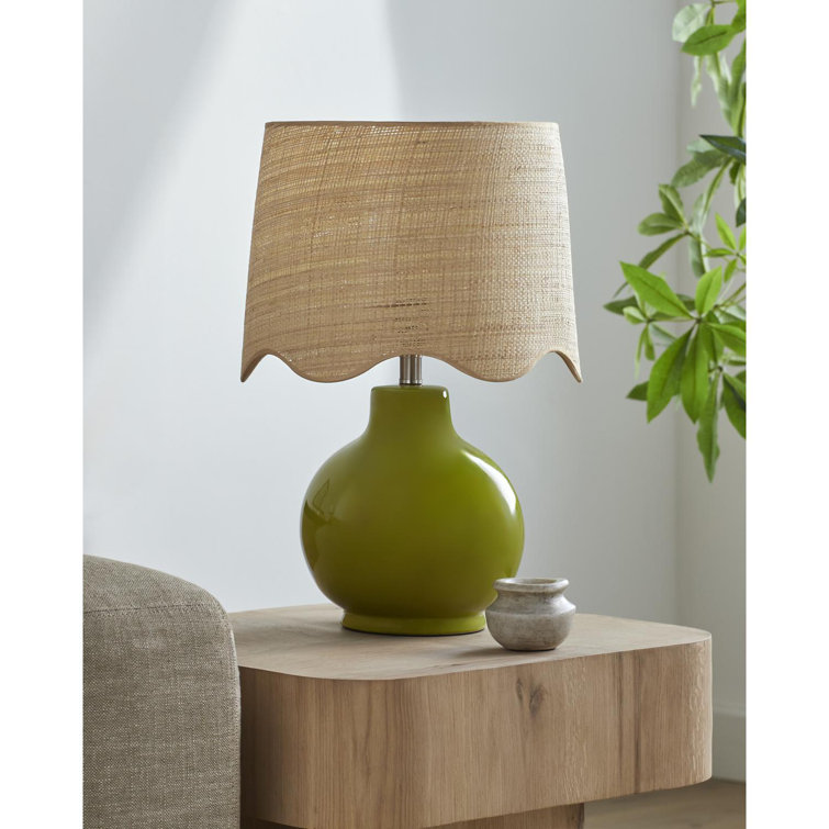 Green Ceramic Table Lamp with Tan Rattan Shade