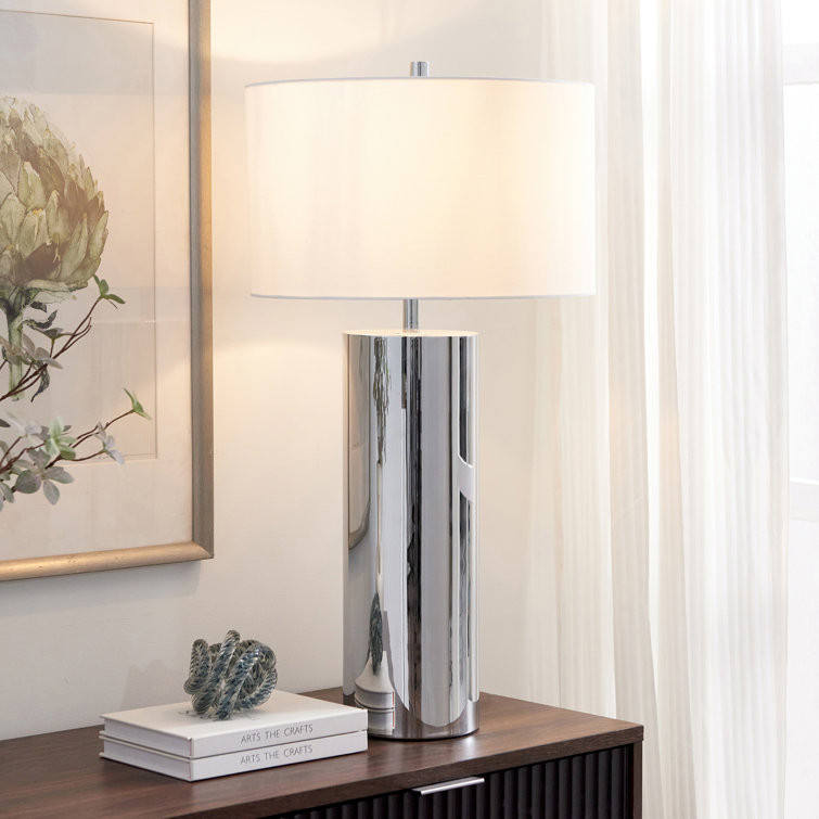 Polished Nickel and White Steel Drum Table Lamp